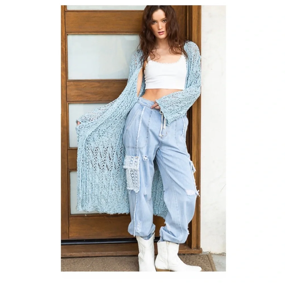 $38 start LAST ONE ❤️Pretty POL Rolling Edge detail Long Powder Blue Cardigan - Picture 2 of 7